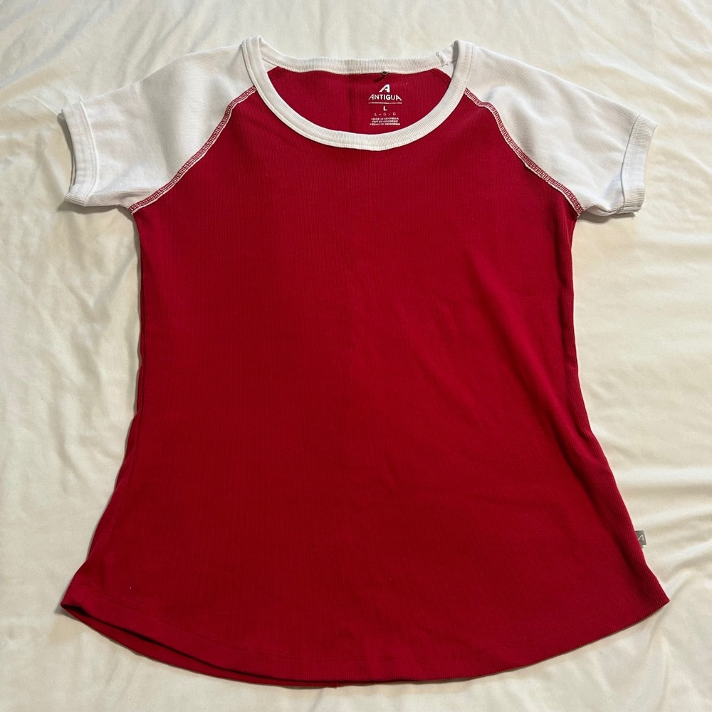 Antigua Womens Red White Raglan Baseball Tee Ribbed Short Sleeve Shirt Large